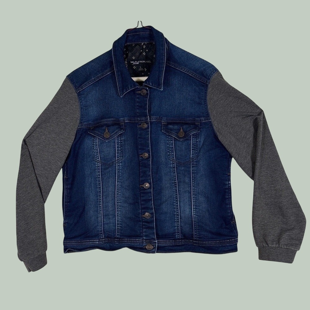 Lee Platinum Label Mens Large Denim Trucker Jacket Gray Jersey Knit Sleeves Blue